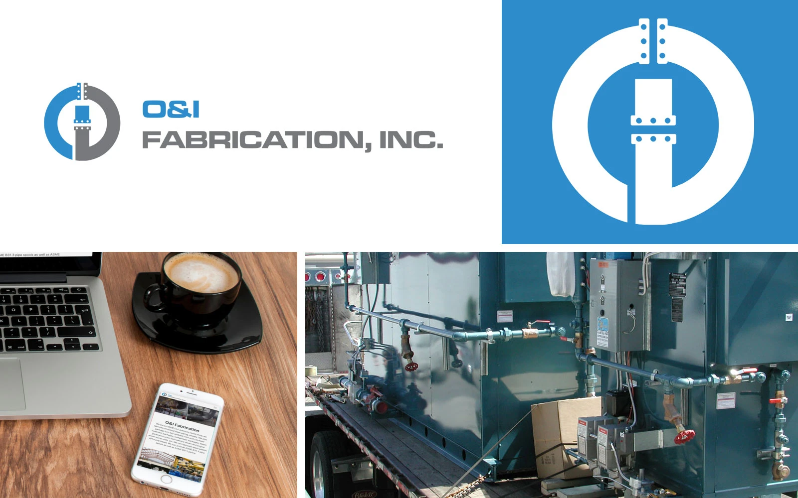 O&I Fabrication logo, mobile website, and industrial equipment in a brand collage.