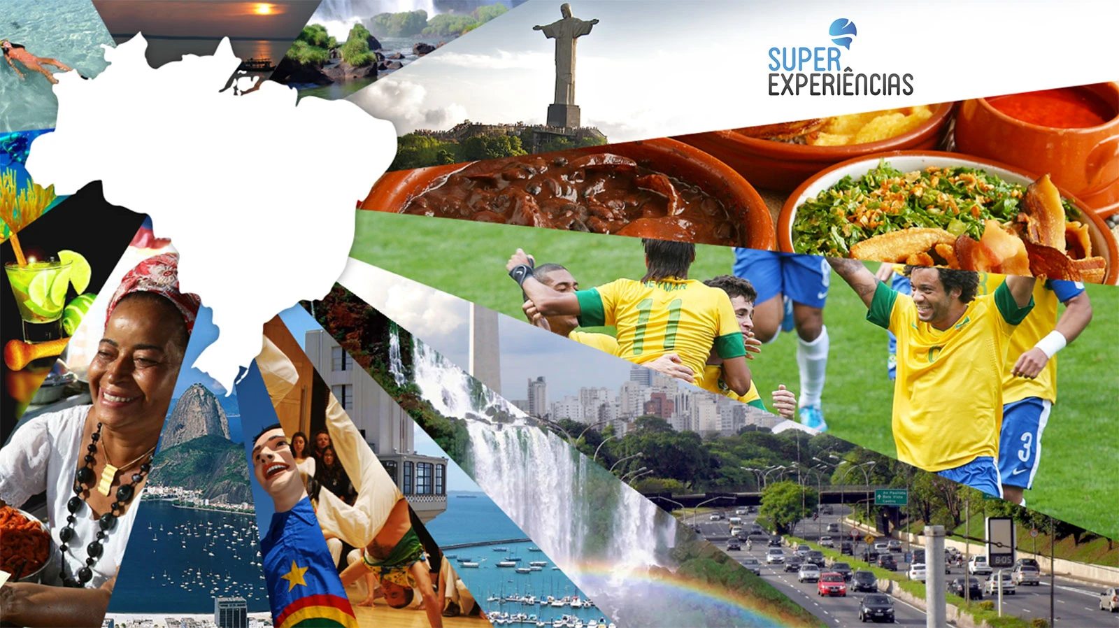 Super Experiências campaign collage with Brazilian landmarks, food, and sports.