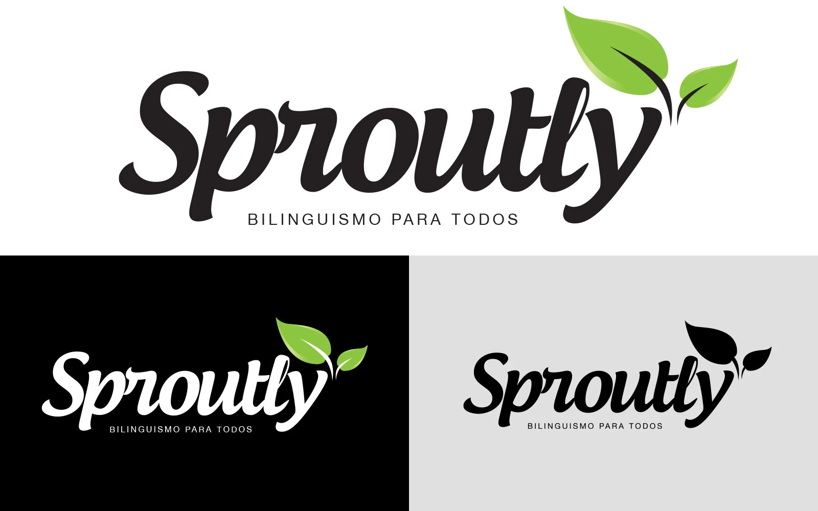 Sproutly wordmark with a green leaf and black-and-white variations.